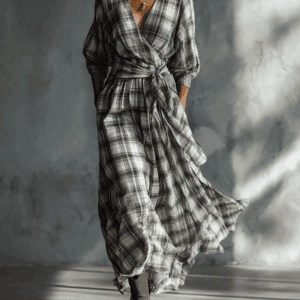 Plaid wrap maxi dress with puff sleeves, stylish and trendy women's fashion, perfect for fall and winter.